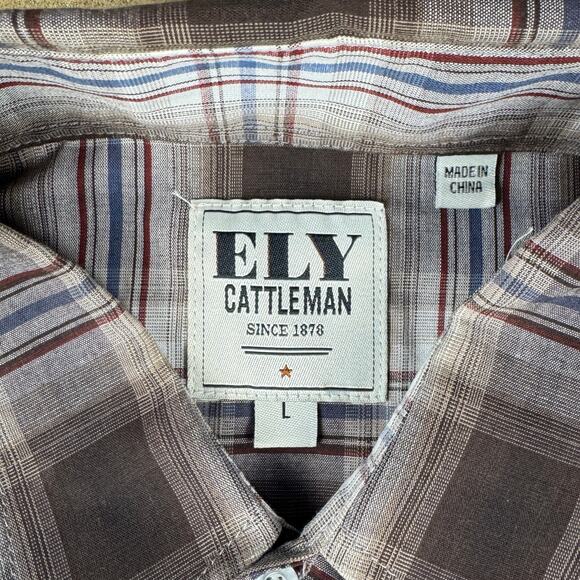 Ely Cattleman Plaid Western Pearl Snap Shirt Men’s Large Brown Cream Blue Red - Picture 6 of 11